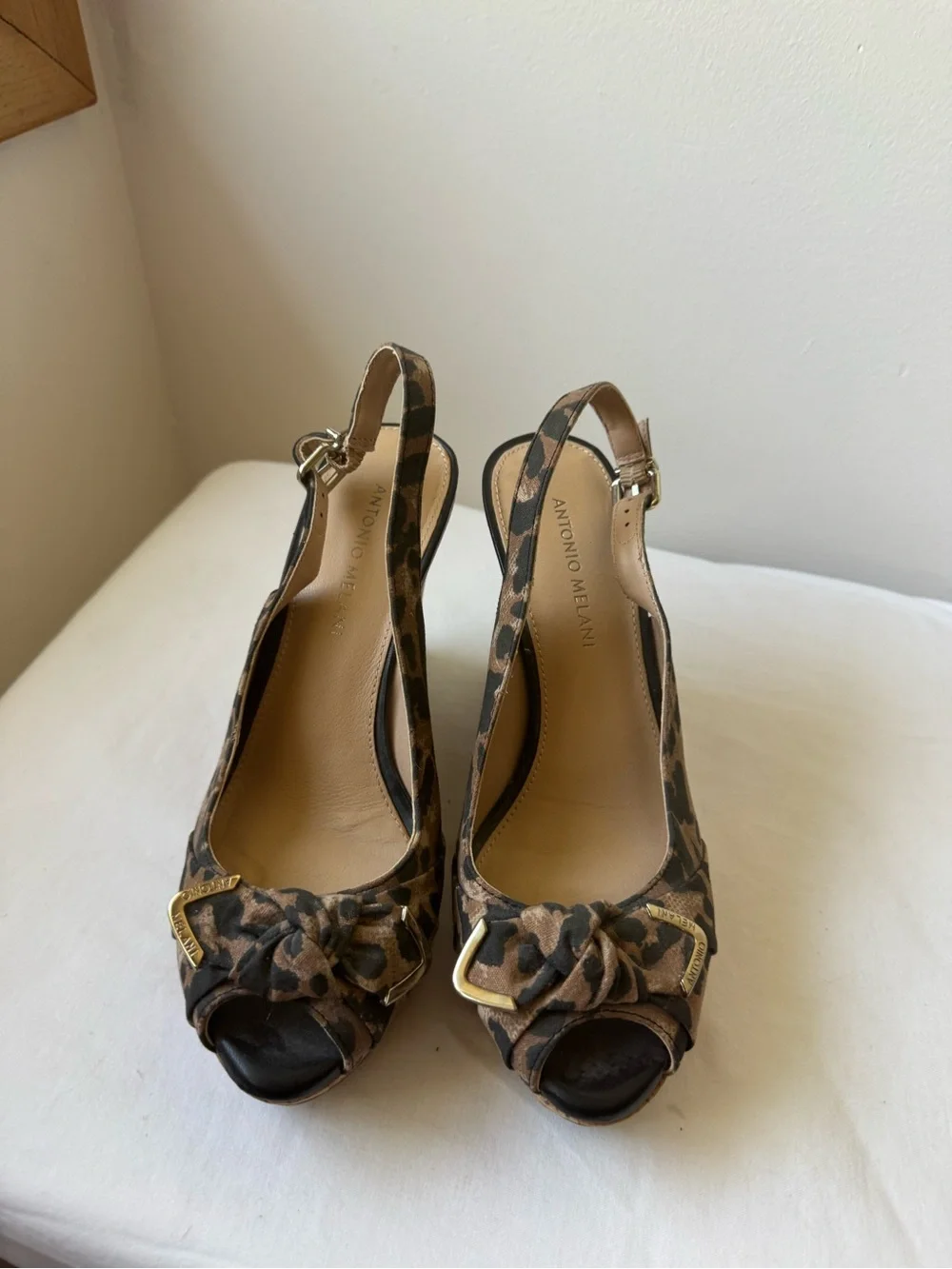 Y2K Antonio Melanie Leopard Cork Wedge Slingback Heels Peep Toe PlatformSize 8.5